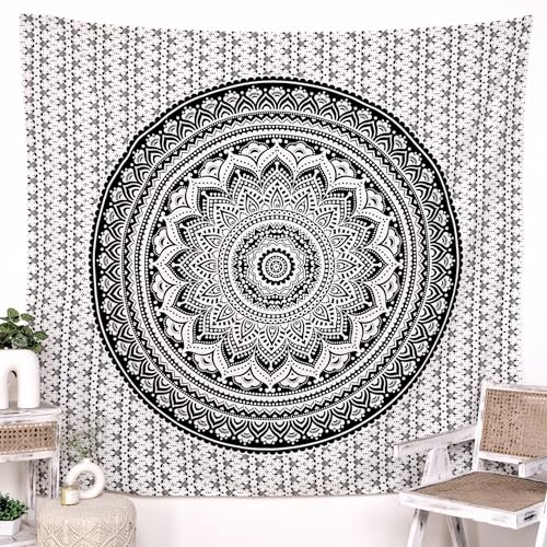 RAJRANG Tapisserie murale en coton à suspendre avec éléphant mandala, tapisserie hippie, jeté de plage, dortoir universitaire, drap de lit bohème – Noir...