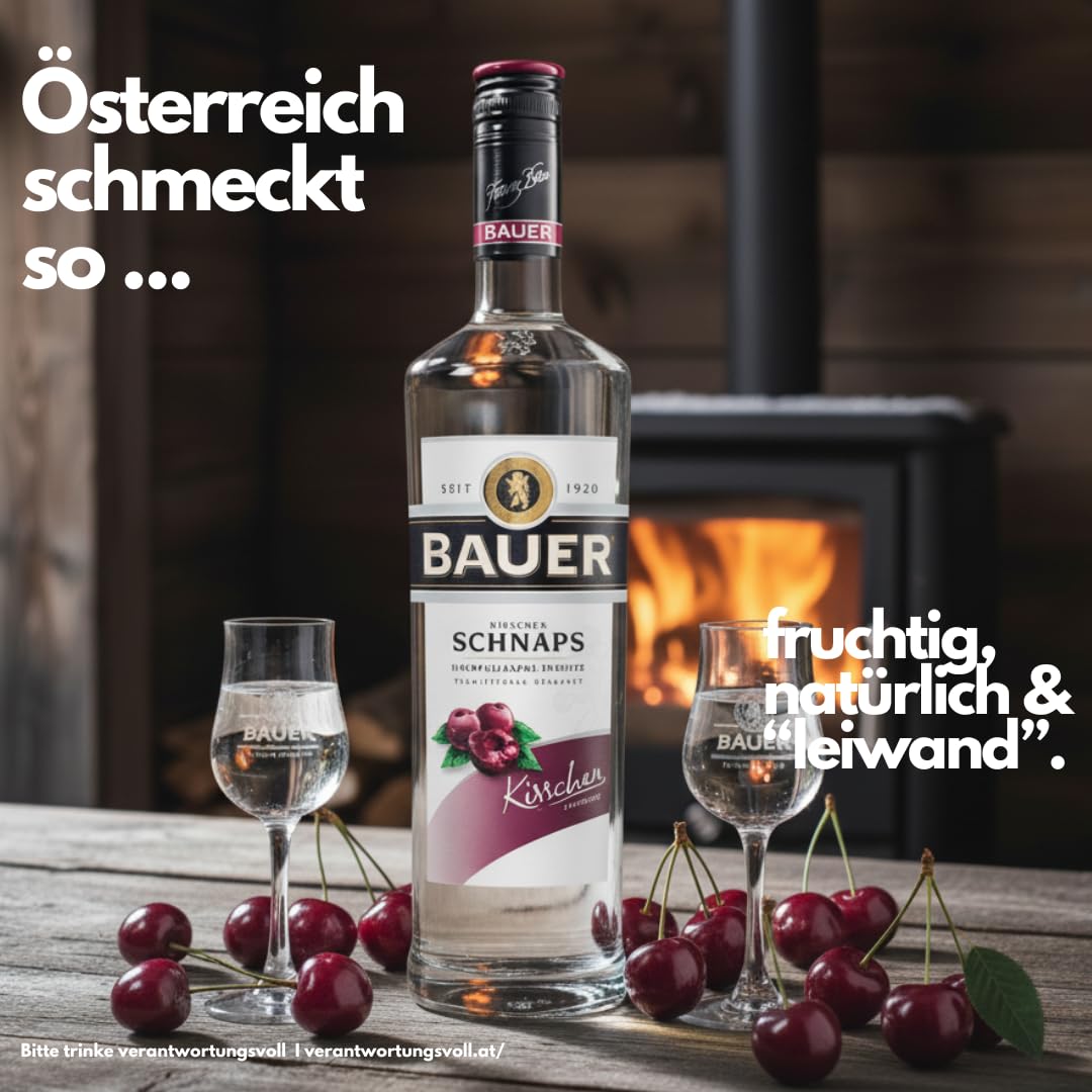 Bauer Kirschschnaps - Der fruchtige Klassiker für besondere Genussmomente - Obstbrände aus Österreich seit 1920 - Kirschen Schnaps Geschenk Idee (1 x 0,7L)