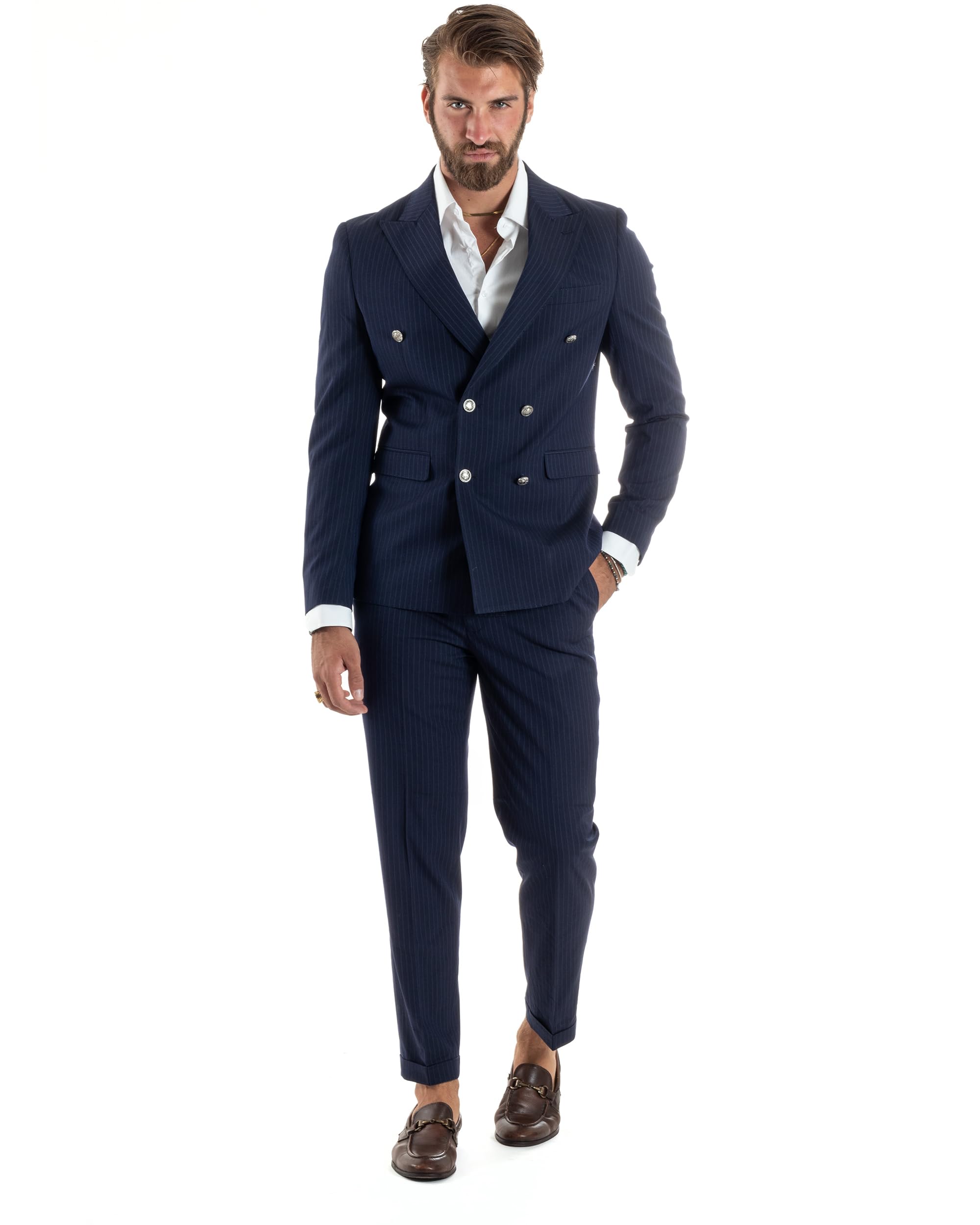 Abito Uomo Doppiopetto Vestito Completo Rigato Elegante Sartoriale Giacca Pantaloni Bottoni Metallo Fantasia Gessata Vari Colori