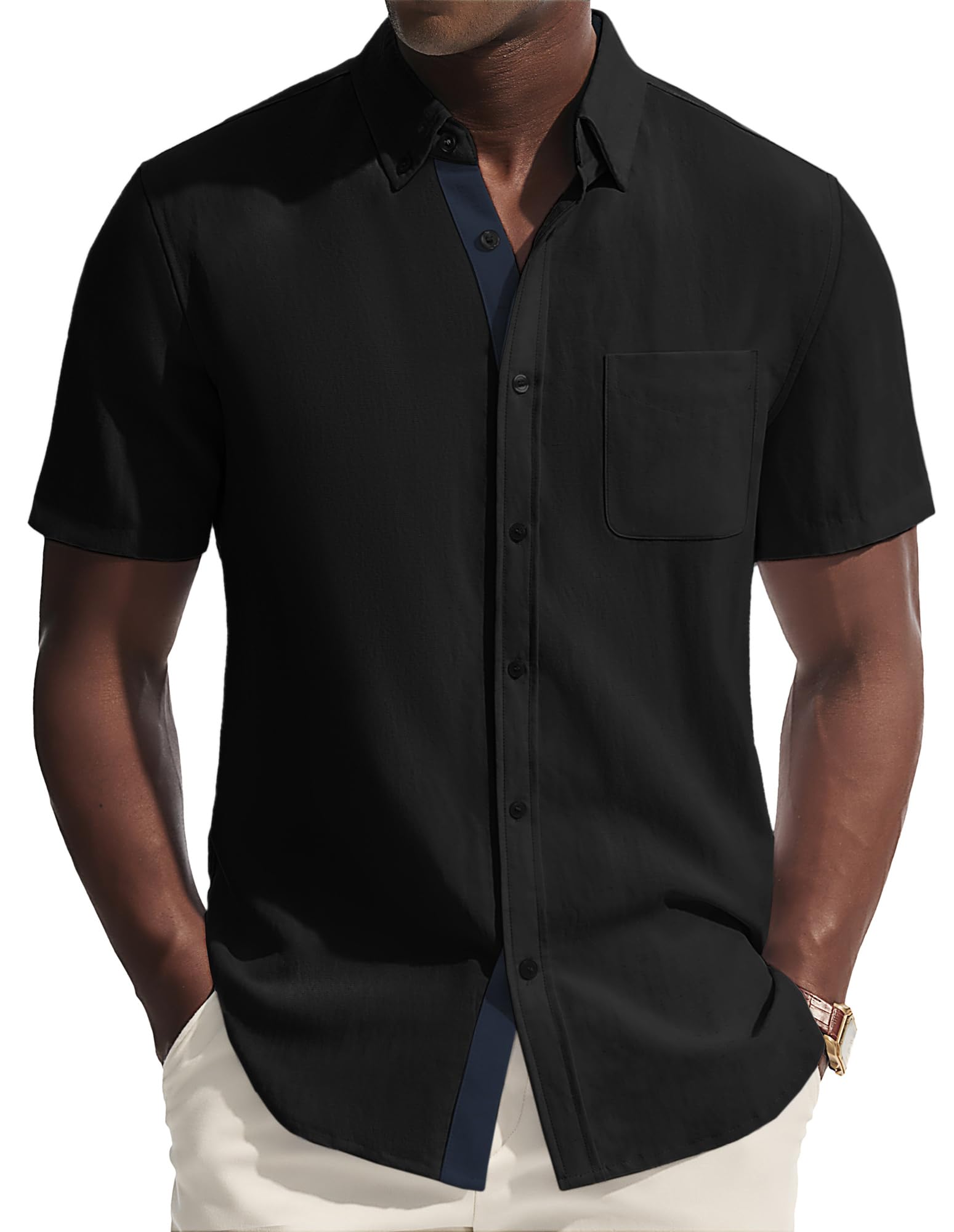 PJ PAUL JONES Mens Button Down Shirt Linen Short Sleeve Dress Shirts for Men Beach Summer Wedding Untucked