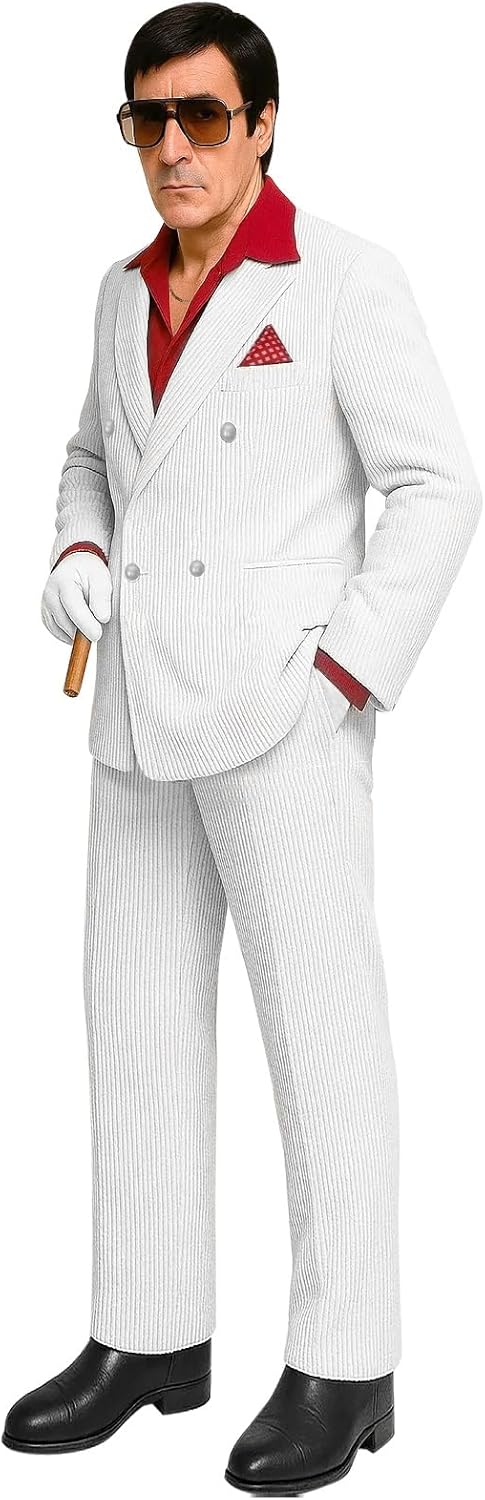 Men White Gangster Suit Costume Shirt Jacket Pants Halloween Cosplay Outfit with Glasses Gloves Necklace - Image 2