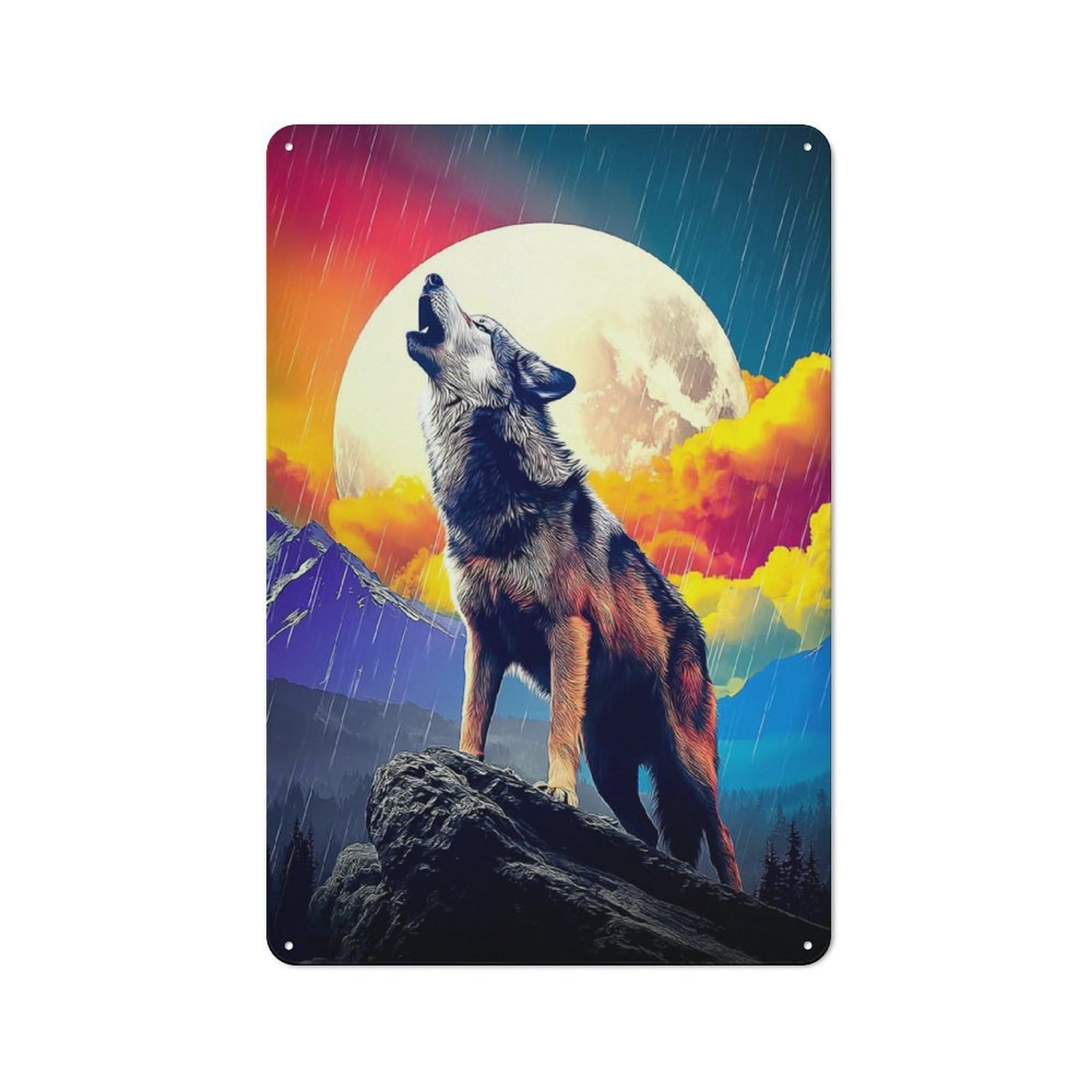 Junmoney Howling Wolf Under Moonlit Sky -1 Tin Wall Plaque 30X20cm With For Home Office Or Studio, For Home Office Decor Fans