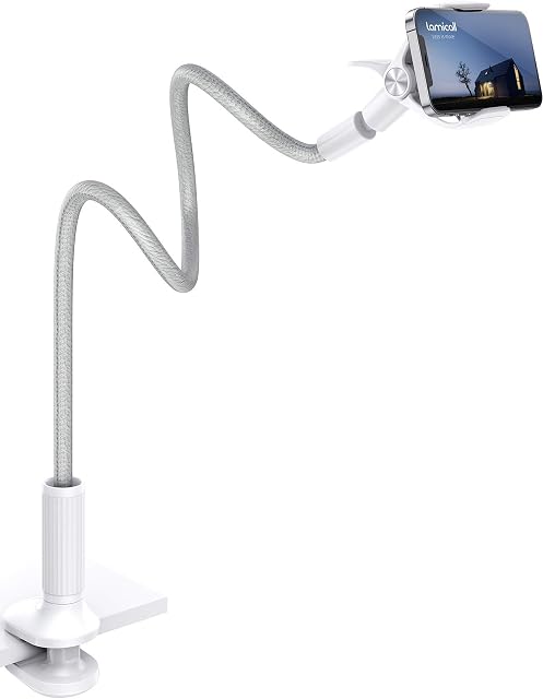 Lamicall Gooseneck Phone Holder for Bed - Overall Length 38.6in, Flexible 360 Adjustable Lazy Arm Clamp, Overhead Mobile Phone Stand Mount for iPhone 14 13 12 11 Pro Max Mini, all 4-7" Phone - Grey