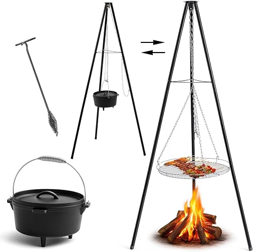 Maxdot Campfire Tripod for Cooking, Set Includes 4 Quart Cast Iron Dutch Oven with Lid, Adjustable Height Tripod Campfire Lantern Hanger,Round Grill Grate, Cap Remover for Cooking Fire