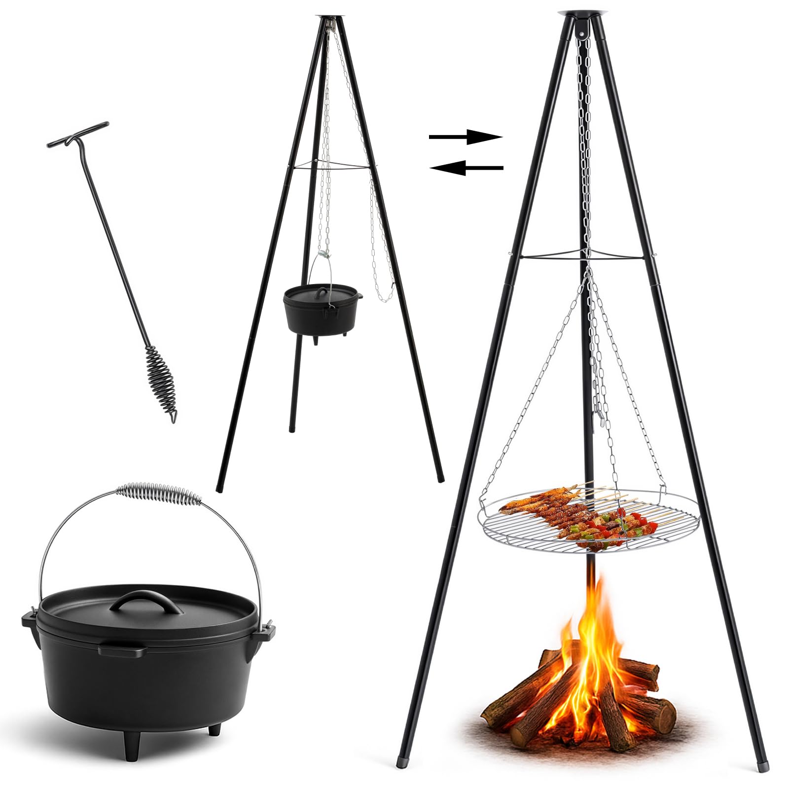 Maxdot Camping Tripod Dutch Oven for Camp Fire Cooking Equipment, 4 Quart Cast Iron Dutch Oven with Lid, Adjustable Height Tripod Campfire Lantern Hanger, Grill Grate, Cap Remover for over Fire Pit