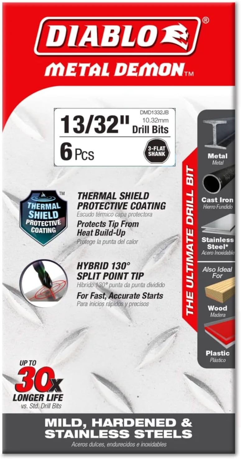 Diablo Metal Demon Drill Bit with Thermal Shield Protective Coating for Mild, Hardened and Stainless Steel - 5.2" Length, 13/32" Dia., 3-Flats Shank - DMD1332JB