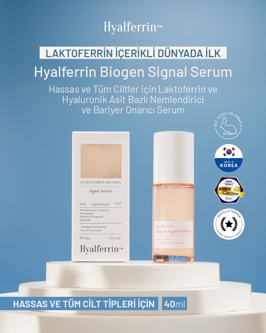Hyalferrin Biogen Signal Serum, Cilt Sorunlarına Karşı Etkili, Bariyer Güçlendirici, Nemlendirici ve Yatıştırıcı Serum, Hassas ve Tüm Ciltler İçin, 40 ml - Ovaco