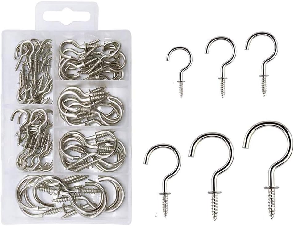 90 Pcs Screw in Hooks, Cup Hooks 6 Sizes Hooks for Hanging Mug Cup