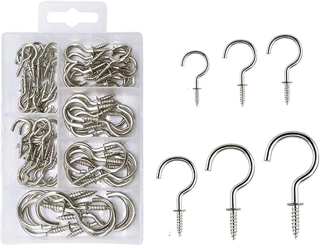 90 Pcs Screw in Hooks, Cup Hooks 6 Sizes Hooks for Hanging Mug Cup Ceiling Hooks Hooks Kit for Kitchen Garden