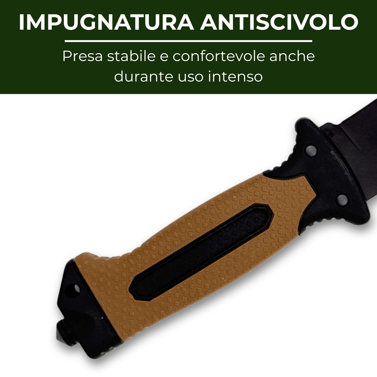 Coltello Sopravvivenza Lama Combinata 13cm Acciaio Inox, Manico Antiscivolo Marrone, Fodero ABS, Accendifuoco, Fischietto, Pietra Affilatrice e Rompivetro – Bushcraft, Camping, Trekking, Idea Regalo