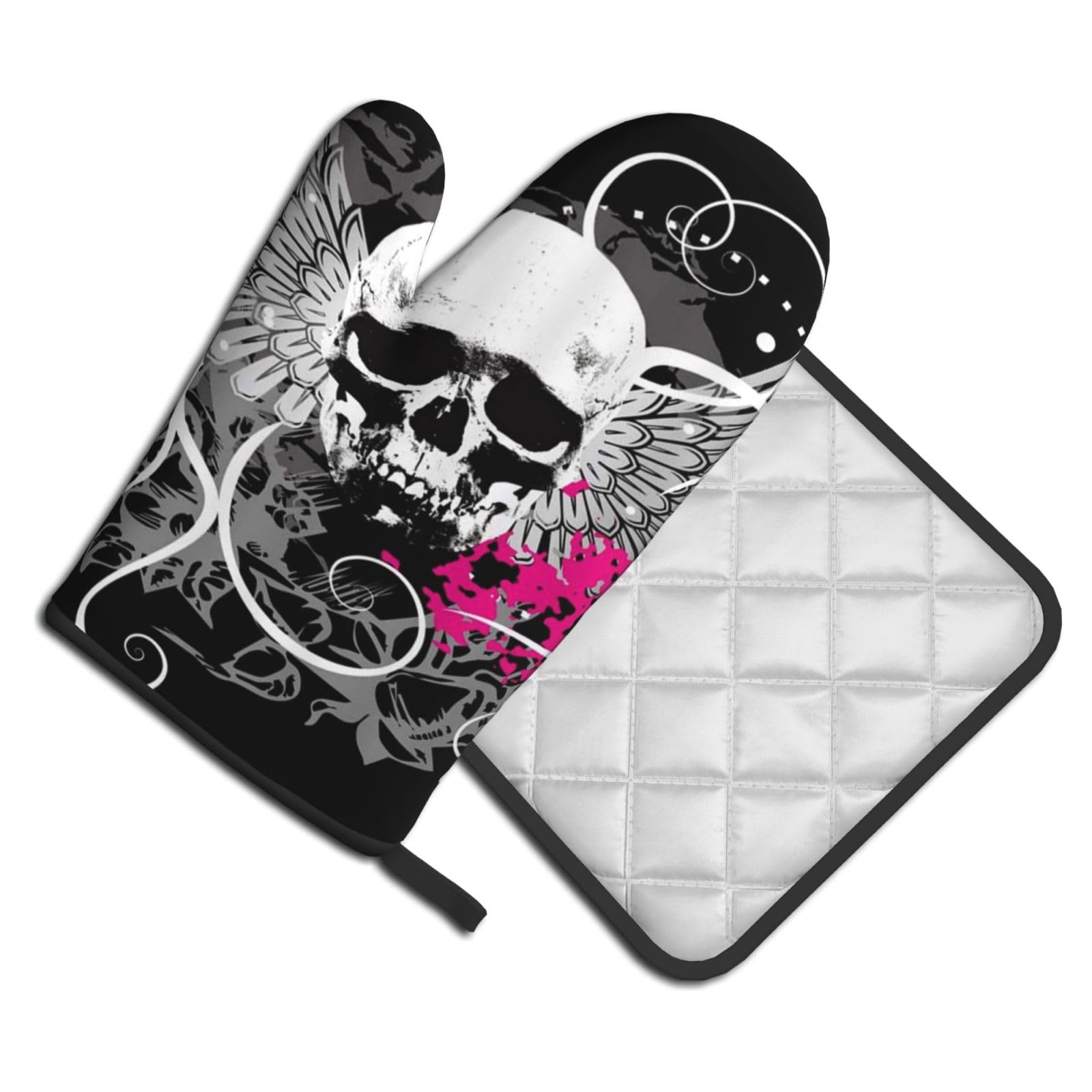 Oven Mitts and Pot Holders Set of 2 Pcs, Sugar Skull and Wings Printed Heat Resistant Kitchen Gloves Potholders for Cooking Baking Grilling