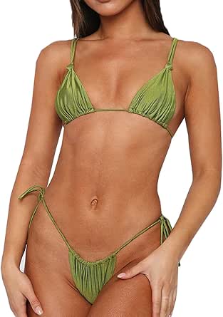 Women's Sexy Halter String Bikini Set Cheeky Thong Two-Piece Swimsuit with Double Shoulder Straps