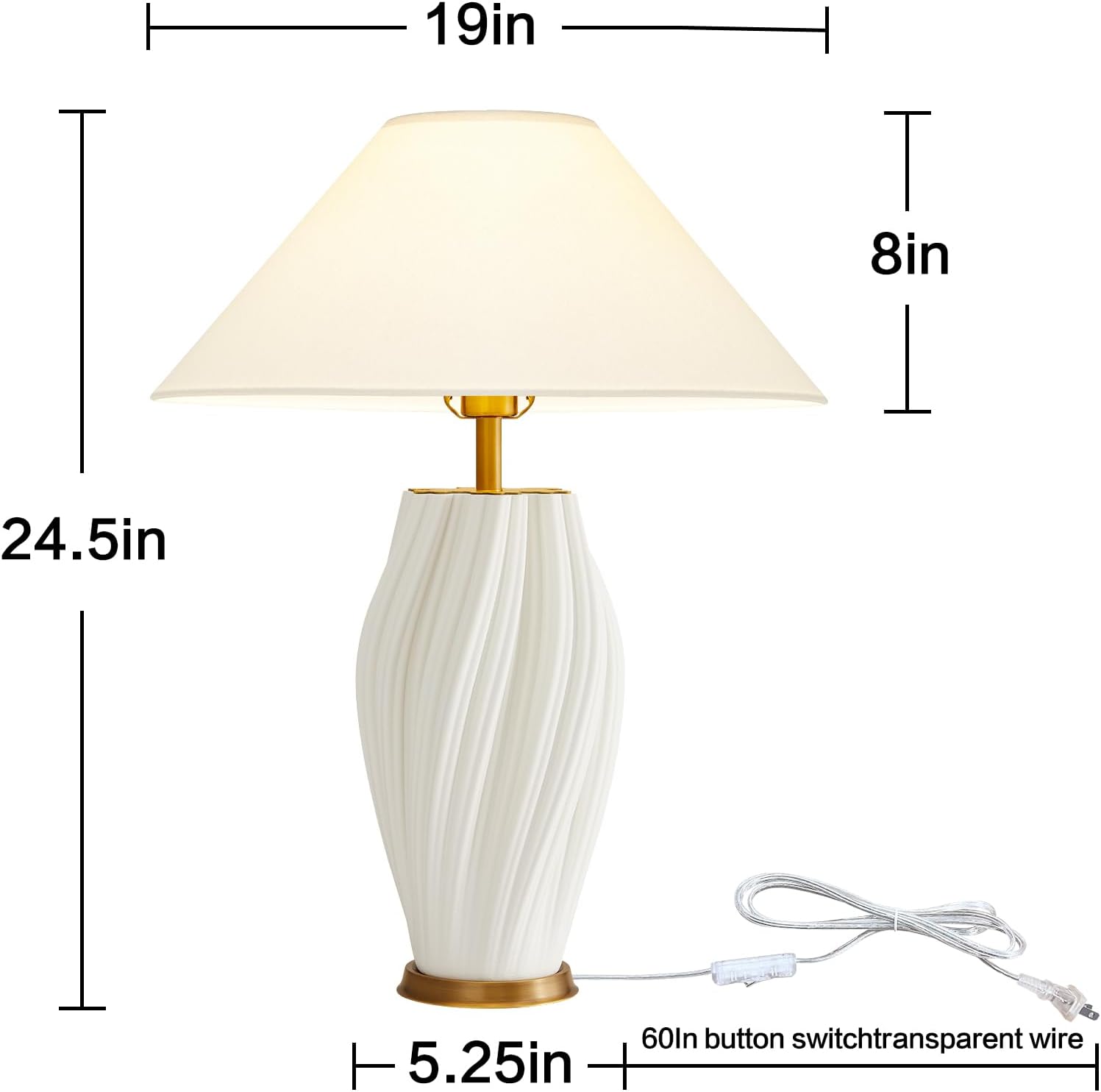 Modern Plug in Ceramic Table Lamps 24.5In, White Textured Table Lamp Tables Decorative for Living Room Bedroom Bedside Nightstand Room Office