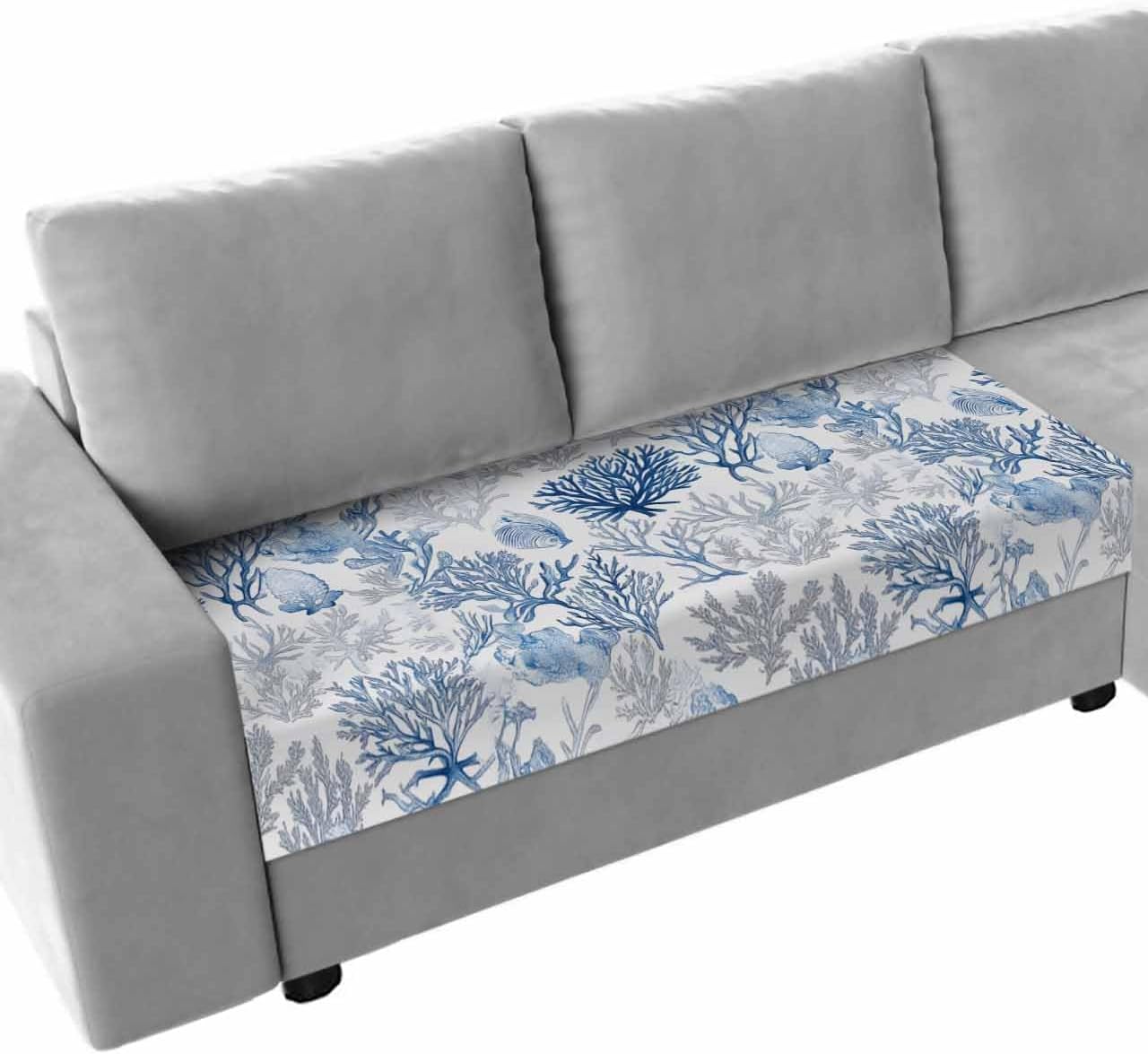 Blue Coastal Couch Cushion Covers, Ocean Coral Individual Sofa Seat Cover Stretch, Nautical Shell Summer Chair/Sofa Slipcovers Furniture Protector for Sectional, 3Pcs Small