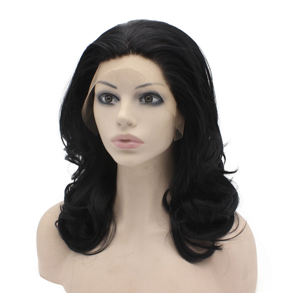 Iwona parrucca naturale con capelli sintetici lunghi e ondulati, resistenti al calore, colore nero