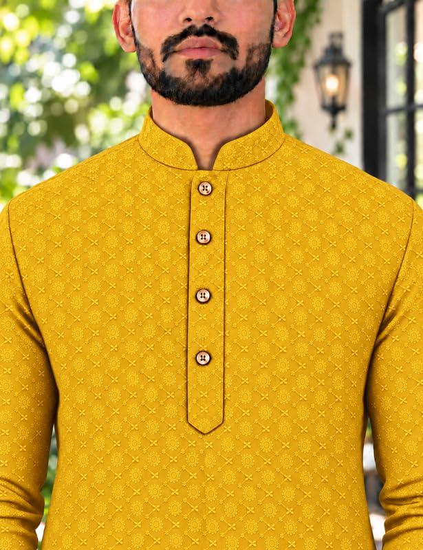 Image of Men's Lakhnawi Chikankari Kurta Set Cotton Ethnic Kurta Pajama for Men Wedding Festive Designer Indian Outfit Stylish Embroidered Kurta Set