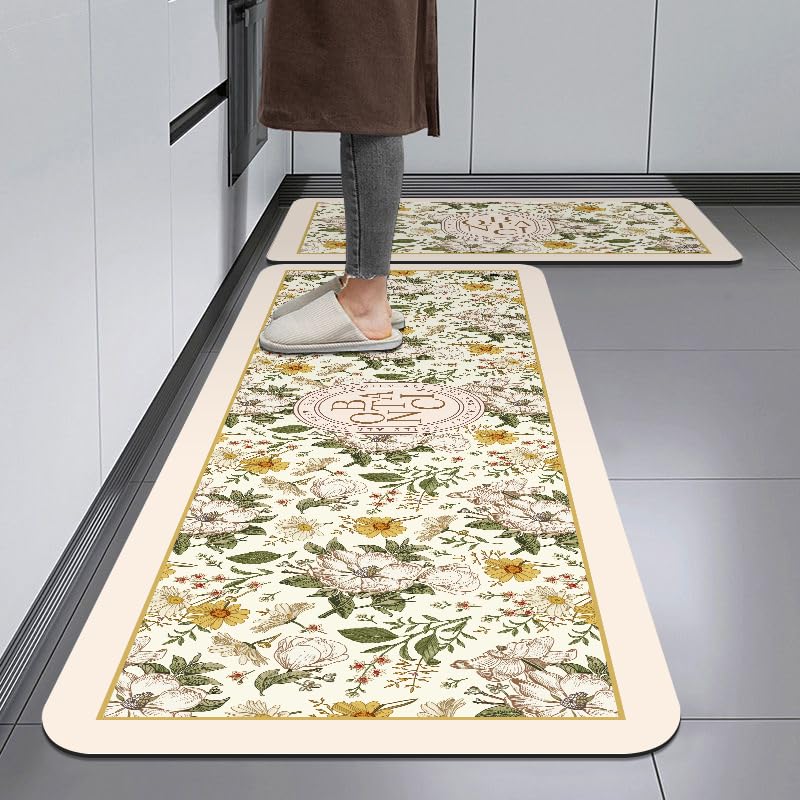 Image of HomeCloud Rubber Kitchen Mats for Floor Set of 2 Pcs|Non-Skid, Soft Absorbent Rugs for Kitchen, Laundry, and Hallway|120x40cm, 40x60cm| 4mm Thickness (Botanica Beige Green)
