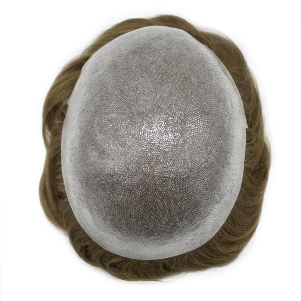 Mens Hair Piece Human Hair System for Men Toupee 0.06mm Ultra Thin Skin Hair Replacement System for Mens Hairpieces Protesis Capilar #710 7# VERY LIGHT BROWN+10% GREY 8x10 90% light density