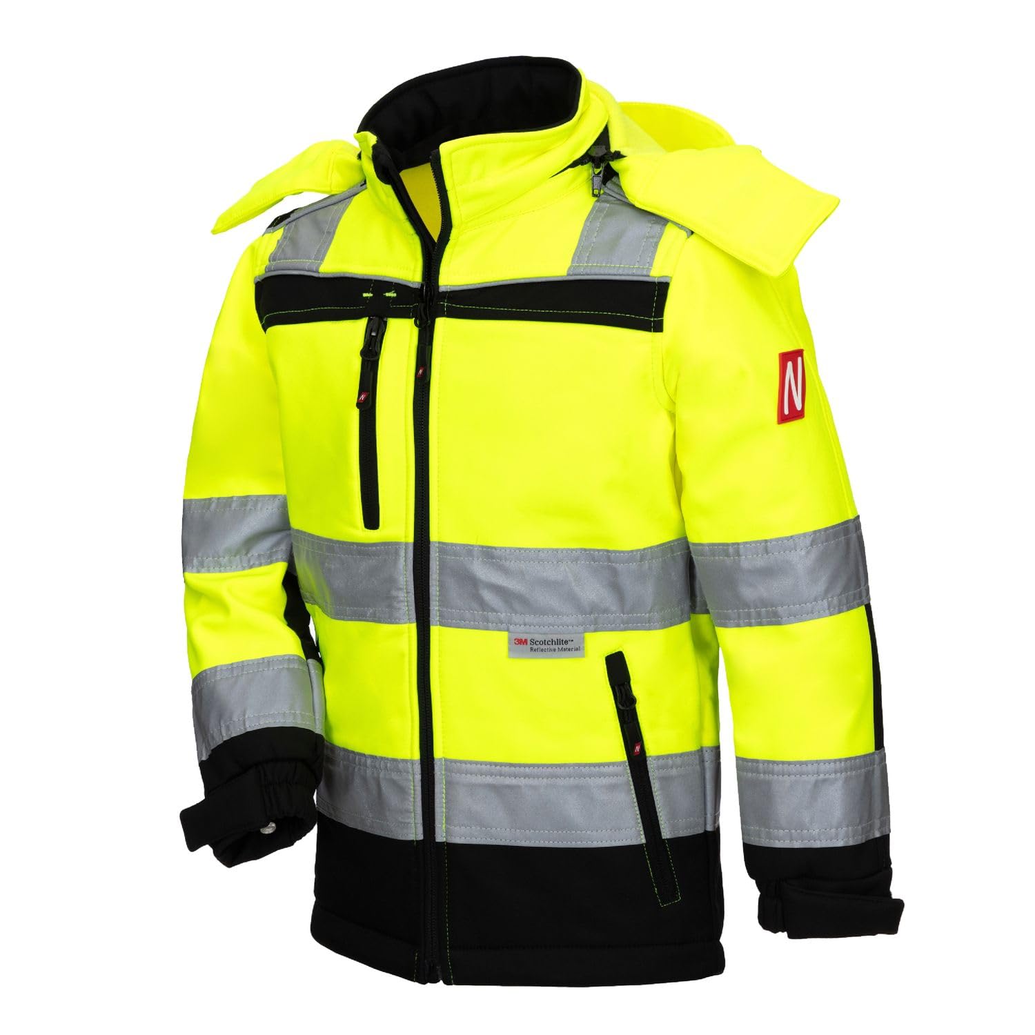 eXtreme Kinder Warnschutz Übergangs Softshelljacke Mädchen Jungen, wasser- & windabweisend, mit verlängertem Rücken und Reflexstreifen, neongelb