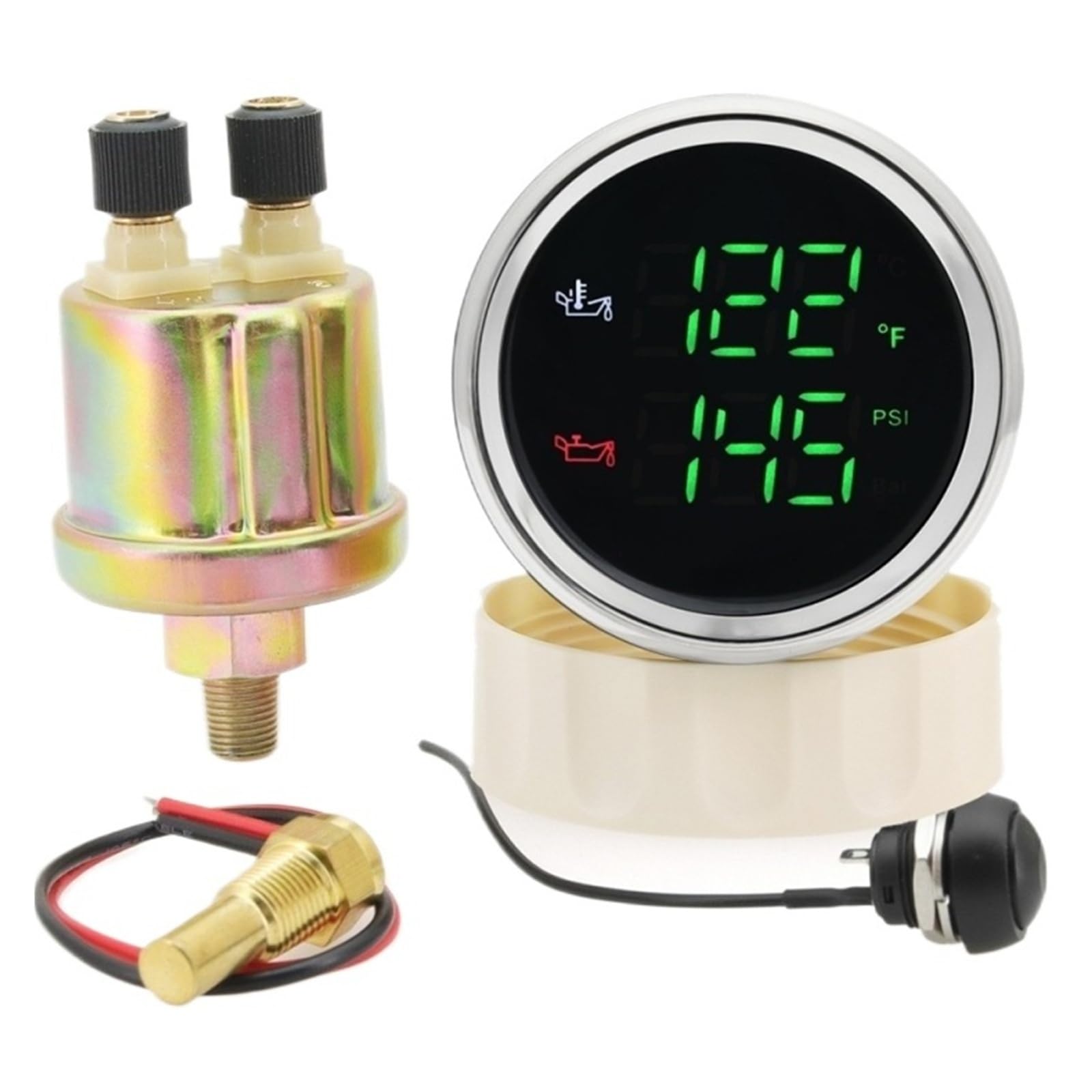 Medidor digital dual de 52 mm for automóvil, temperatura del aceite + medidor de presión de aceite con sensor de alarma, 50-150 ℃, 0-10 BAR rojo, LED verde Alta visibilidad(Green LED BS)