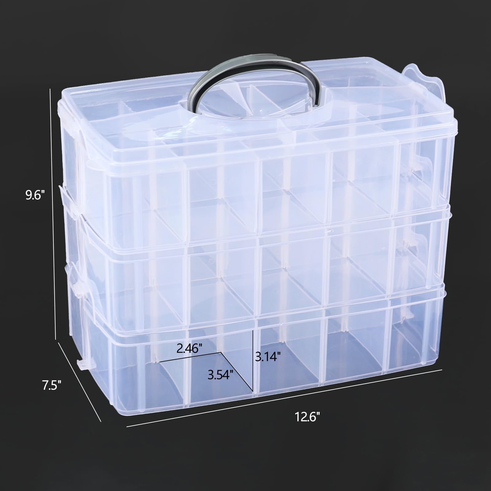Stapelbare Aufbewahrungsbox aus Kunststoff mit 30 verstellbaren Fächern, 3 Ebenen, transparent, stapelbar, mit Trennwänden und Griff