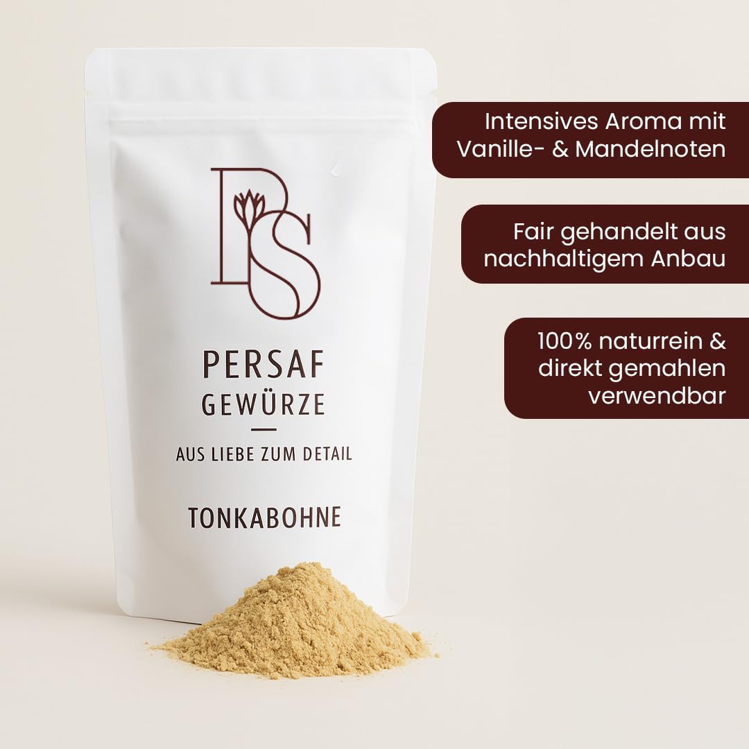 PerSaf Tonkabohne gemahlen 1 kg - 100% reine Tonka - intensives Vanille und Mandelaroma - für Backen Desserts Eis Schokolade und Gebäck - ohne Zusatzstoffe