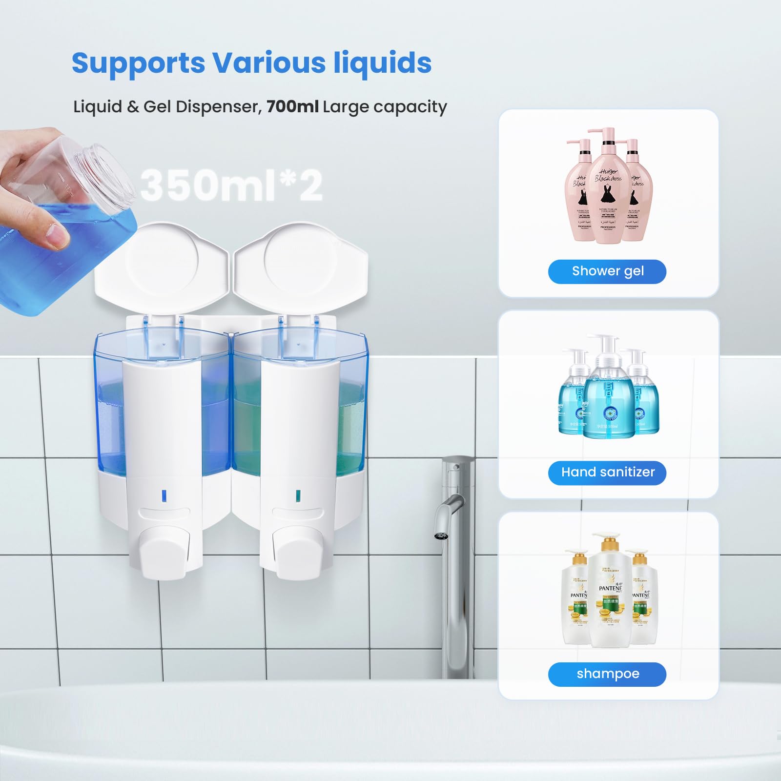 Dispensador de jabón de ducha, 2 cámaras de 350 ml, 2 dispensadores de champú y acondicionador, sin taladro, dispensador de champú montado en la pared para ducha, dispensador de ducha montado en la