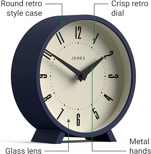 Miniatura 6 de JONES CLOCKS Reloj de escritorio Venus  Diseño redondo moderno  Azul  Elegante aspecto retro para estante, mesa, mantel o mesita de noche