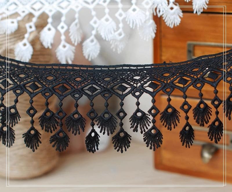 Adorno de flecos con cuentas, 1 yarda de flecos encaje bordado for coser ropa, adorno for vestido(Black)