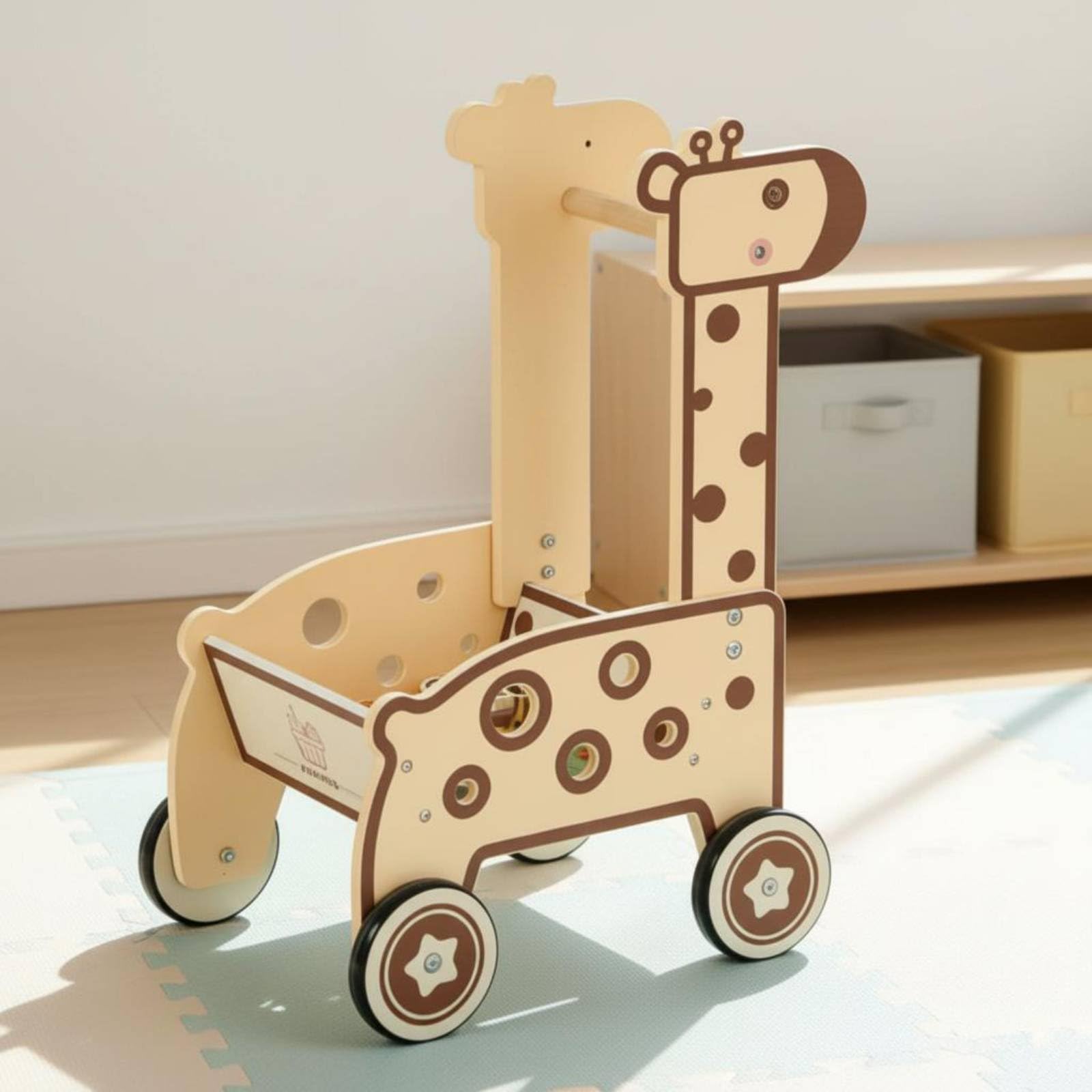 Colcolo Kinder Lernwagen Holz Tier Schiebewagen Einkaufswagen Spielzeug Laufhilfe Einstellbarer Griff Großer Stauraum für Rollenspiel Und Lernphasen Fördert