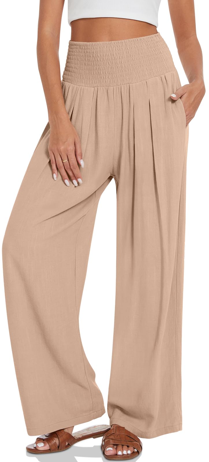 TARSE Womens Summer Linen Palazzo Pants Boho High Waisted Wide Leg Casual Long Lounge Pant Trousers with Pockets