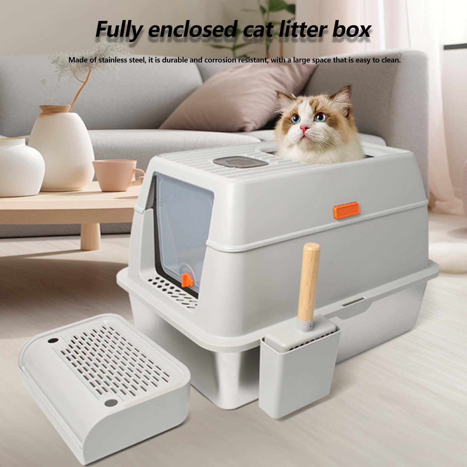 Lettiera per Gatti in Acciaio Inossidabile con Coperchio, Coperchio a Fogli mobili lettiera ad Ingresso Superiore con lettiera a Strato di lettiera, Non appiccicoso, Non Odor, Facile pulizi Dark Gray