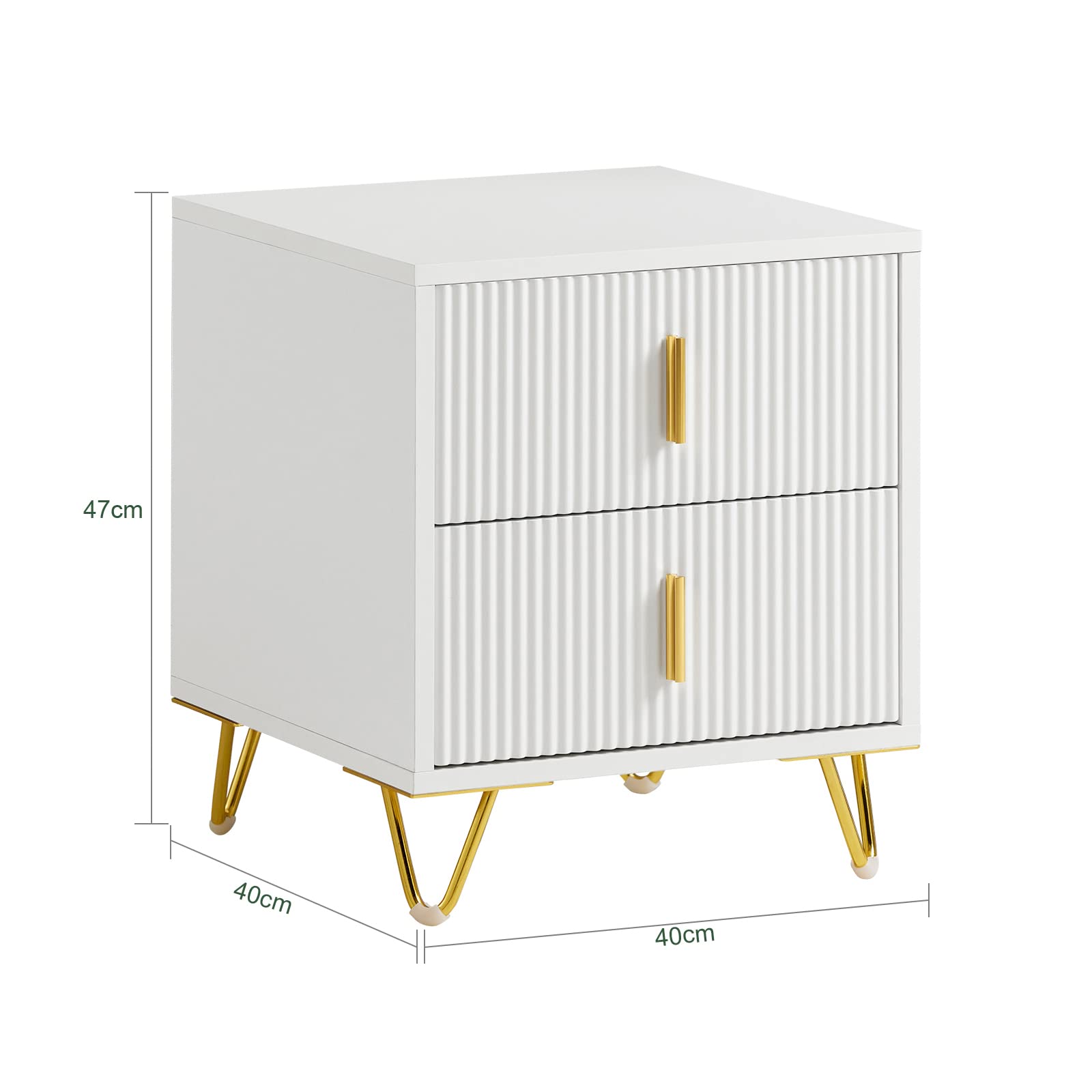 SoBuy Juego de 2 Mesita de Noche con 2 cajones y Patas metálicas Doradas, Mesa de Noche Moderna para Dormitorio y salón, Ideal para Estudiantes y familias, Blanco, 40x40x47 cm, FBT115-Wx2