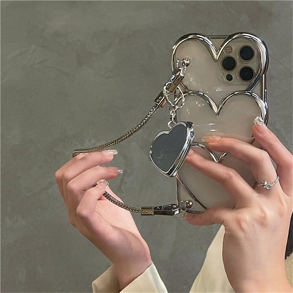 Coque Argent iPhone 13 14 15 16 Antichoc à Miroir Cœur Intégré - 7