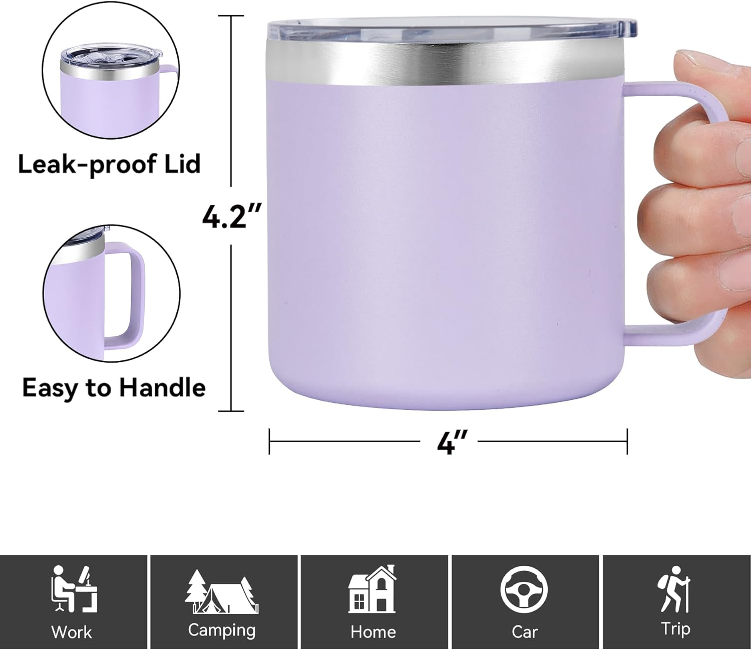 VEGOND 14 oz Insulated Coffee Mug with Handle, Stainless Steel Travel Coffee Mug with Lid, Double Wall Vacuum Metal Coffee Cup, Coffee Tumbler Powder Coated, Purple 1 Pack - Image 3