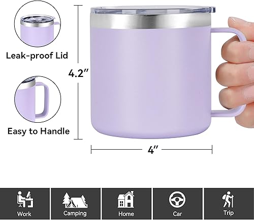 Miniatura 28 de VEGOND Taza de café aislada de 14 onzas con asa, taza de café de viaje de acero inoxidable con tapa, taza de café de metal al vacío de doble pared