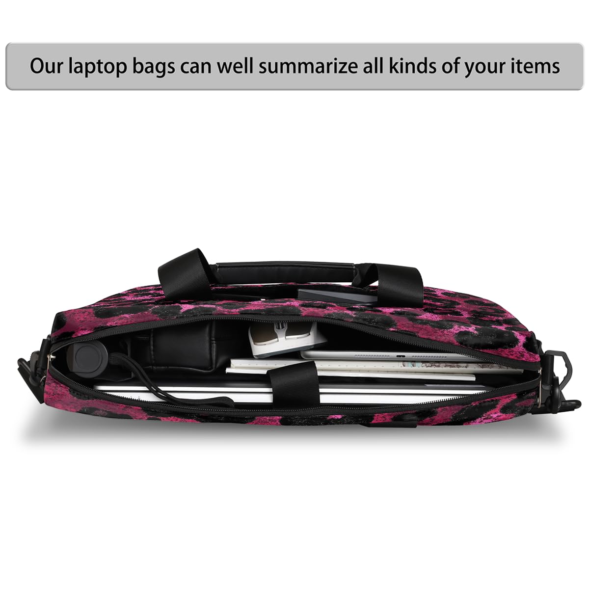 Mexpekil Borsa per computer portatile 15.6 16 pollici animale rosa nero leopardato stampa custodia per laptop impermeabile borsa a tracolla per donne uomini