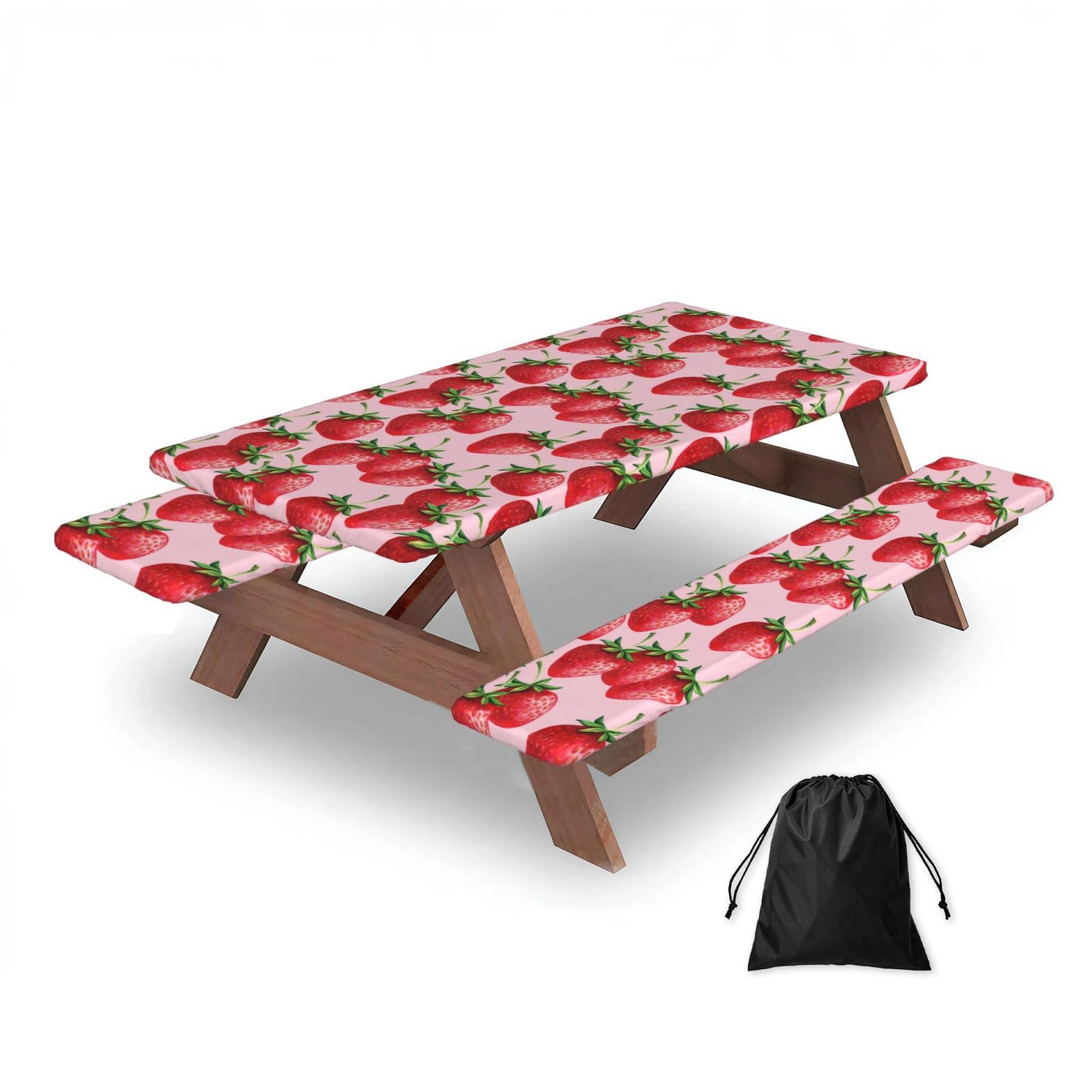 Dopklna As Picture Strawberries With Pink Background, Picnic Table Cover With Bench Covers -Waterproof Elastic Fitted Tablecloth For Garden Camping Patio 76X152cm