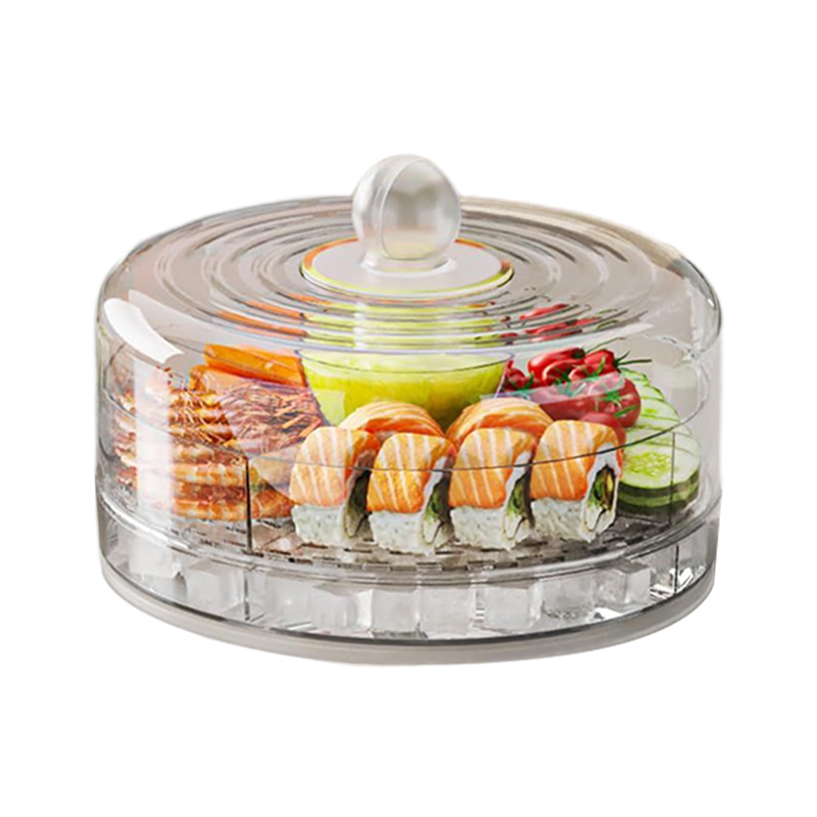 Bandeja giratoria refrigerada con tapa, servidor de aperitivos de 4 compartimentos para mariscos, picnic, camping y fiestas de cumpleaños, ideal para almacenamiento de alimentos fríos al aire libre