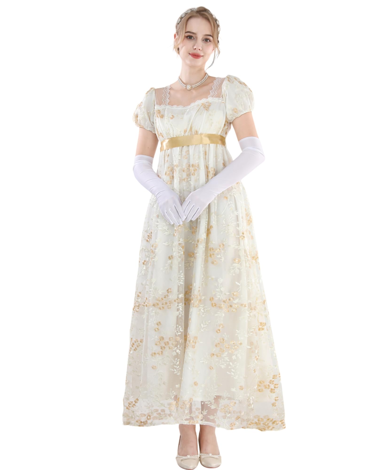 Longue robe empire de bal de style vintage et victorien, inspirée de Jane Austen au temps de la régence anglaise, avec gants inclus, pour femme