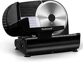 Techwood Electric Meat Slicer, 200W Electric Deli Food Slicer with 9” Removable Stainless Steel Blade & Adjustable Thickness Dial, for Home Use, Ideal for Meat Jerky, Hard Cheese, Veggie& Bread (Black)