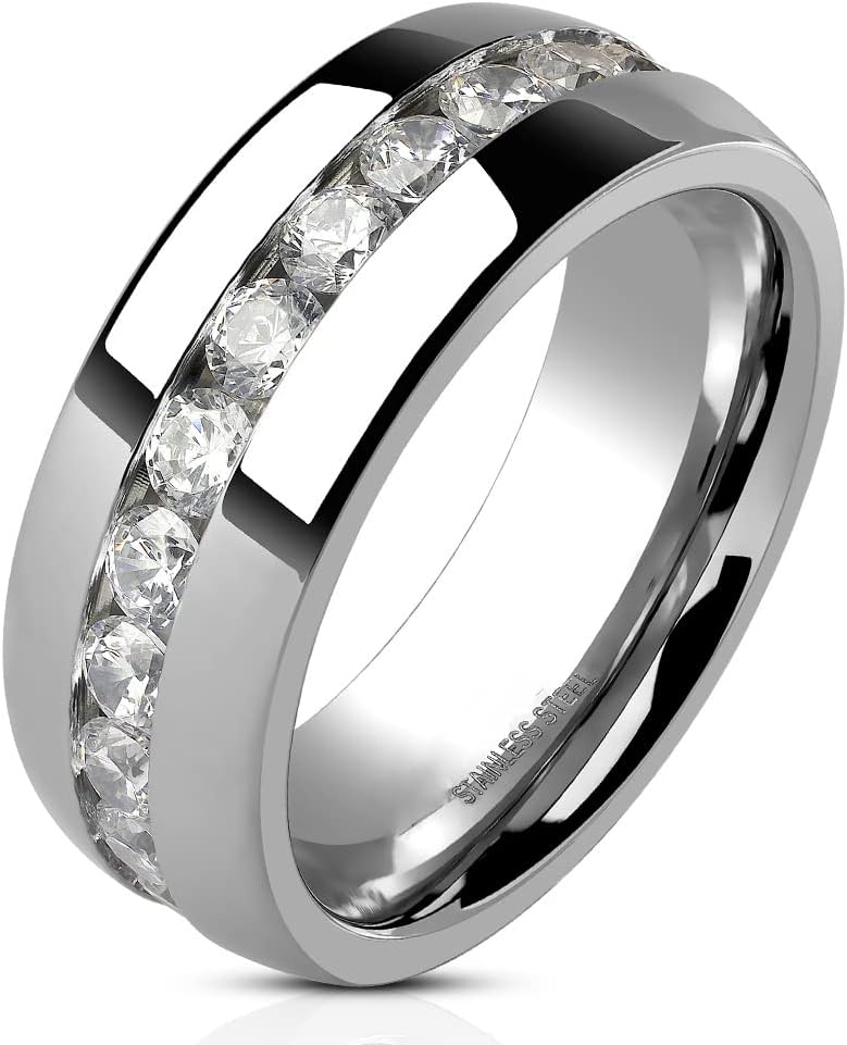 Marimor Jewelry Round Cut Cubic Zirconia Stainless Steel Eternity Wedding Ring Band (4-8mm Wide) Size 4.5-13