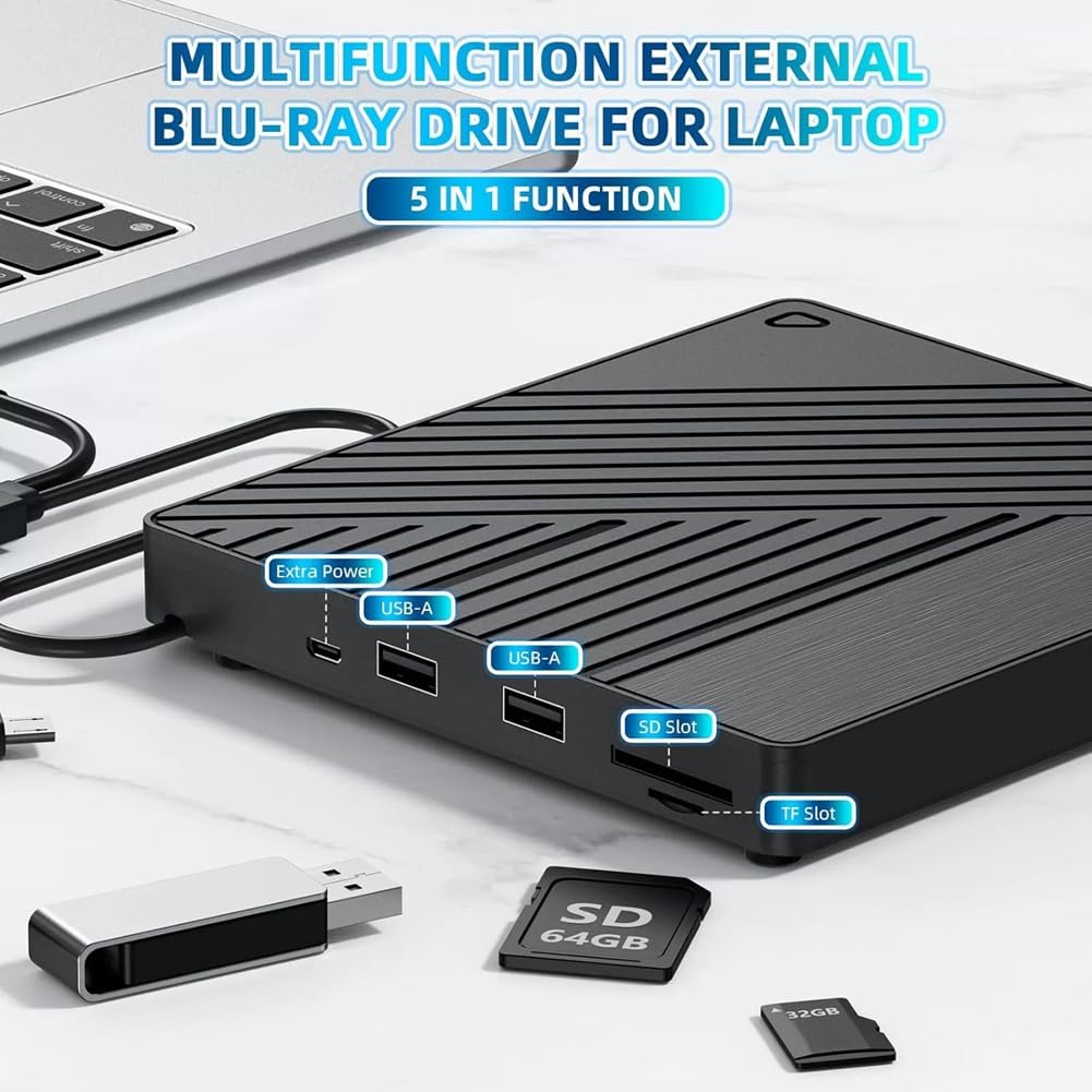 Zewnętrzny napęd optyczny 5 w 1 Bluray nagrywarka DVD/CD czytnik BD z portem USB gniazdo kart SD/TF na biurko do laptopa PC