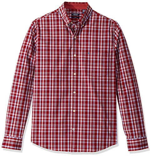 IZOD mens Long Sleeve Stretch Performance Plaid Button Down Shirt, Biking Red/Navy/White Plaid, Small US