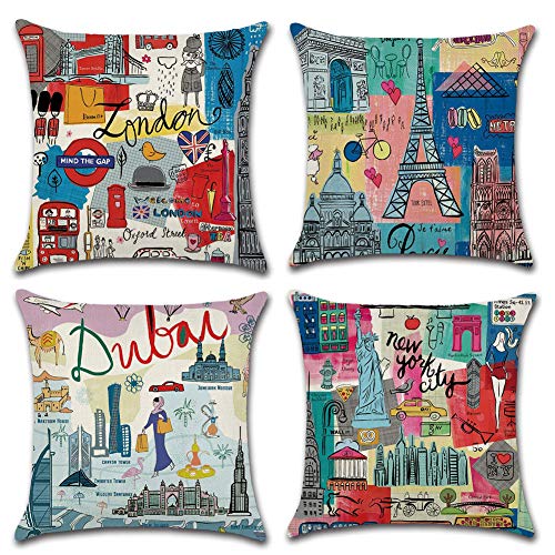 Freeas Funda de cojín 45 x 45 cm, algodón Lino Plantas Tropicales Funda de cojín Cintura Lanzamiento Almohada para hogar y sofá, Dormitorio decoración, 4 Unidades, Lino, Großstadt Reisen, 45 x 45 cm