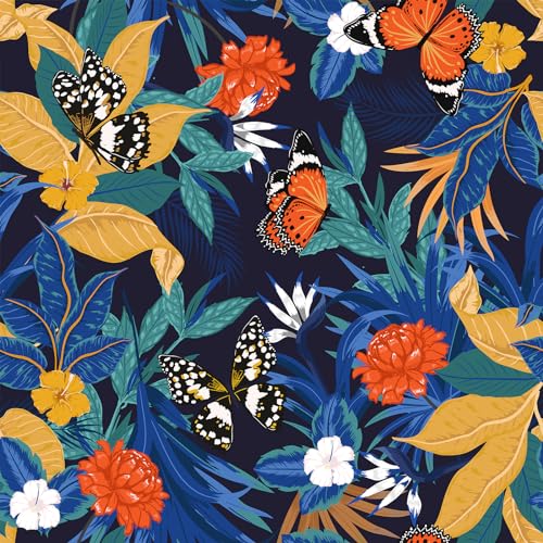 VEELIKE Papel Pintado Hojas Azules Papel Pintado Flores Negro Vintage Papel Autoadhesivo Pared Tropical Mariposas Papel Pared Estampado Fotomurales Decorativos Pared Dormitorio Baño 44,5cmx300cm
