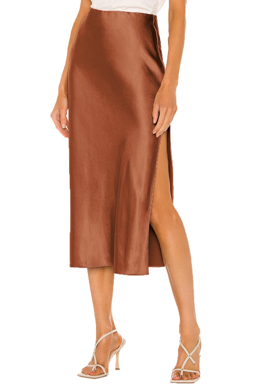 Womens Satin Midi Skirt Elegant Classy Elastic Waist A Line Silk Skirt with Slit
