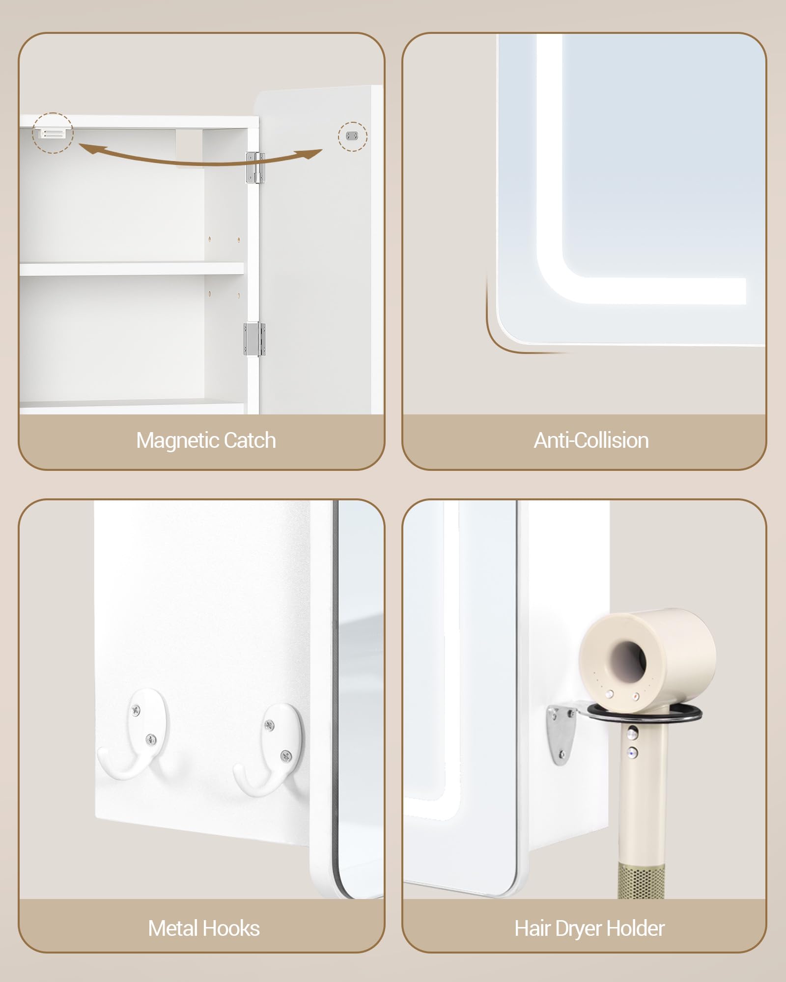 Hzuaneri Spiegelschrank Bad mit Beleuchtung, Badezimmer Spiegelschrank, 3 Farbtemperatur Dimmbare, Badezimmerschrank mit Spiegel und Verstellbarem Regal, 16,5 x 70 x 60 cm Weiß MC30203XEU