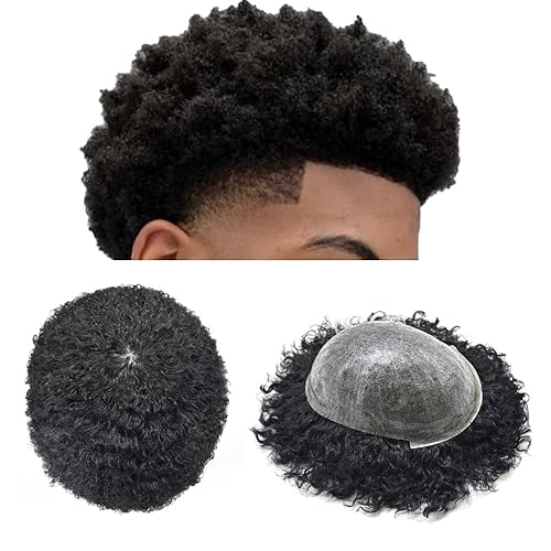 Afro Toupee para hombres africanos americanos, postizo completo de poli tupé para hombres negros, sistema de cabello rizado de repuesto para hombres disponible en Yaxa El Salvador