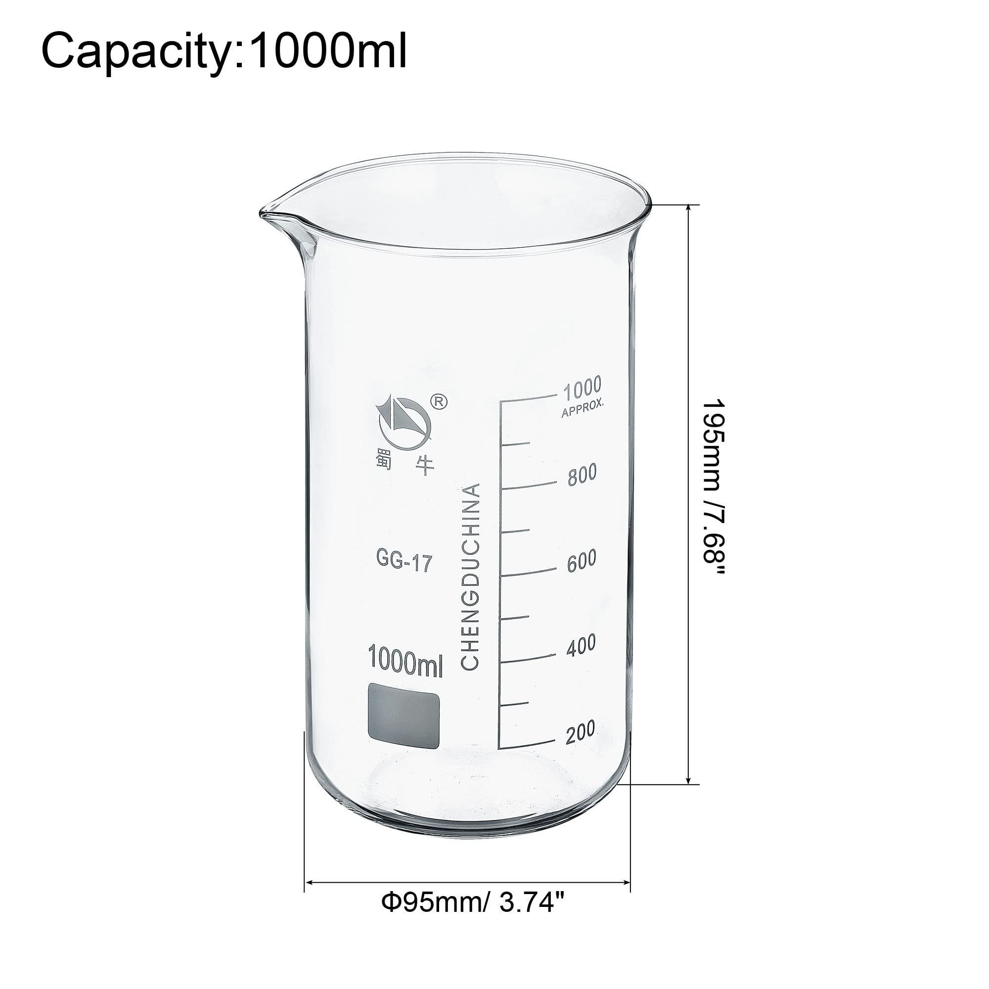 PATIKIL 1000ml Alto Forma Vidrio Cubilete, 2 Paquete 3.3 Borosilicato Vidrio Graduado Impreso Escala Medición Tazas con Caño para Cocina Laboratorio Líquidos